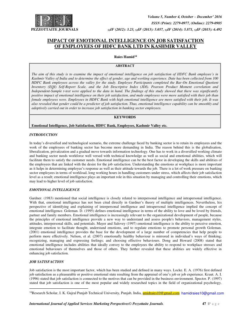 Pdf Impact Of Emotional Intelligence On Job Satisfaction Of - pdf impact of emotional intelligence on job satisfaction of employees of hdfc bank ltd in kashmir valley